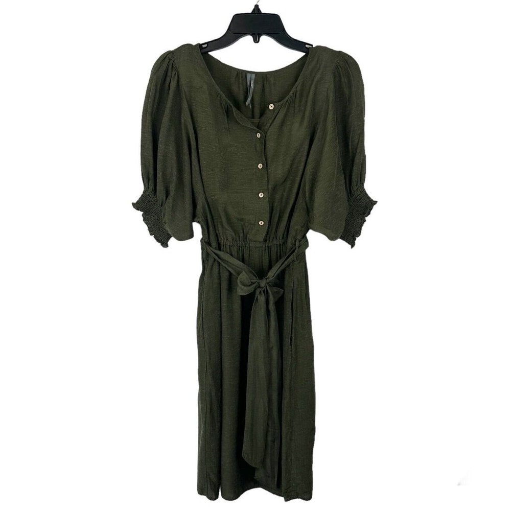 Anthropologie Shirt Dress Womens Small Nicole Linen Blend Green Puff Sleeve - Picture 4 of 14